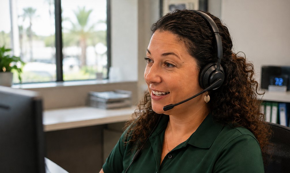 Forest Air customer service representative on a headset helping a customer with HVAC financing