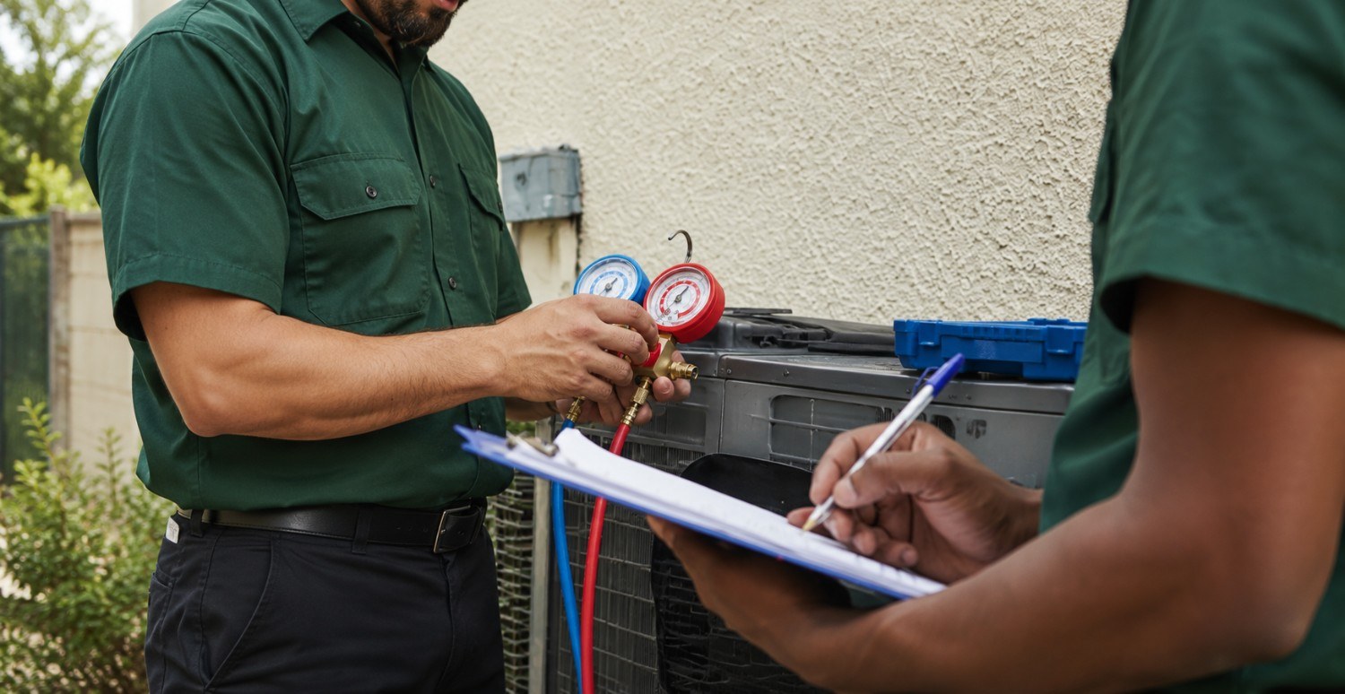 Forest Air technicians recording refrigerant gauge readings during an AC maintenance inspection
