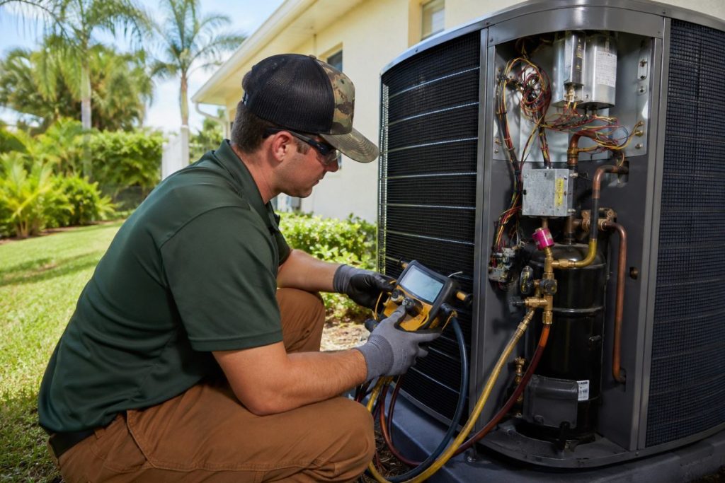 Forest Air technician checking refrigerant on an outdoor AC condenser during maintenance in St. Petersburg, FL