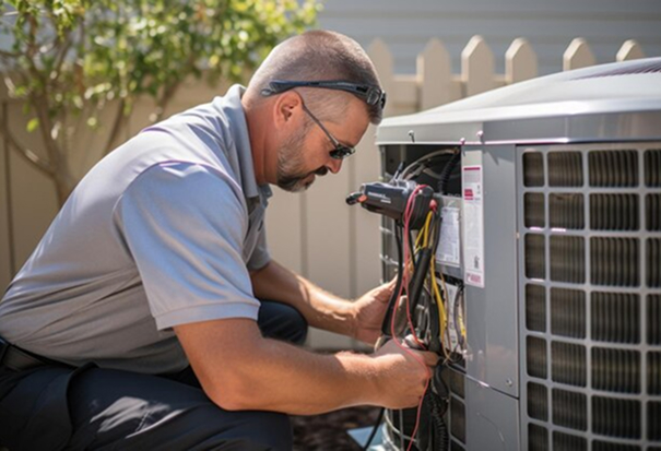 HVAC technician testing an outdoor AC unit with refrigerant gauges in Pinellas County, FL
