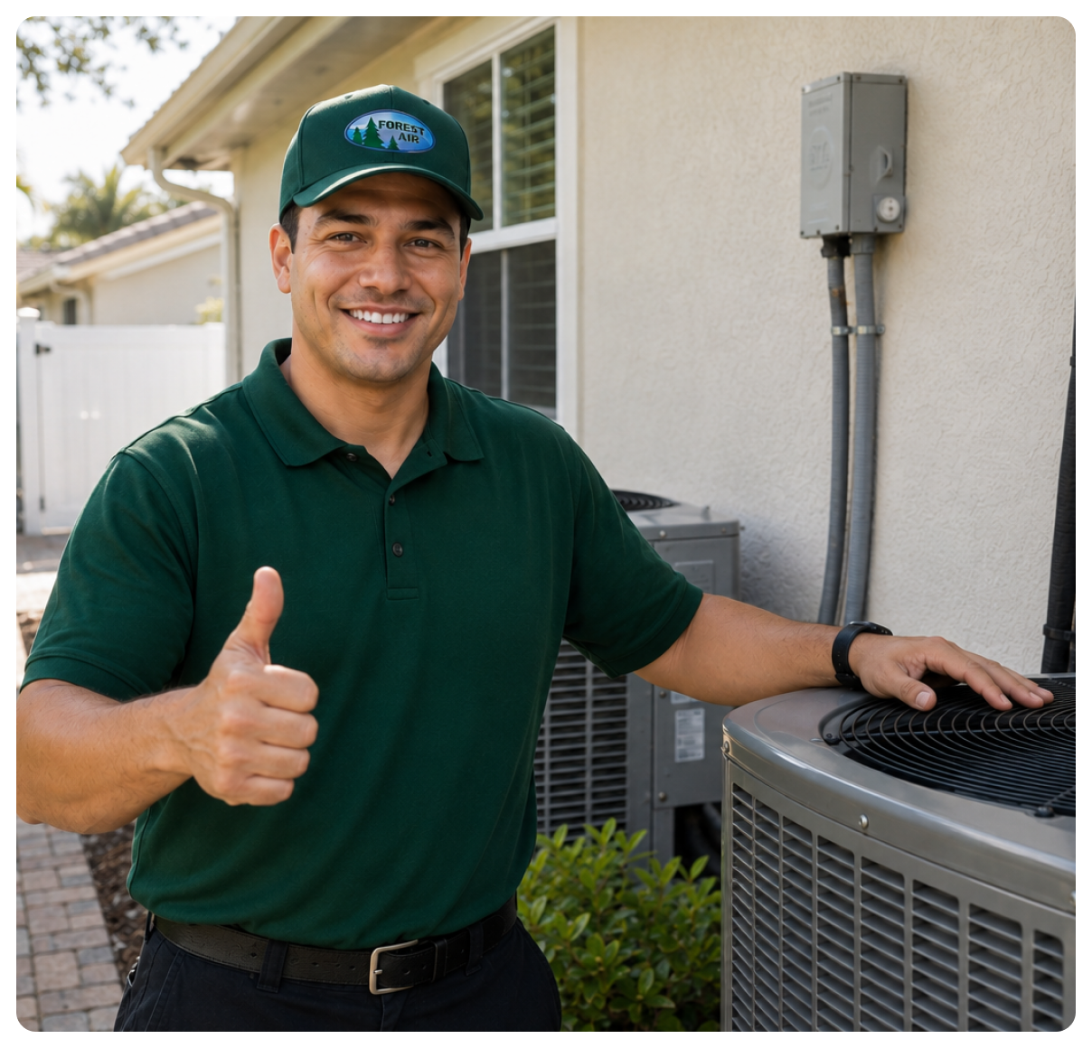 Smiling Forest Air technician giving a thumbs up beside a home AC unit in Pinellas County, FL