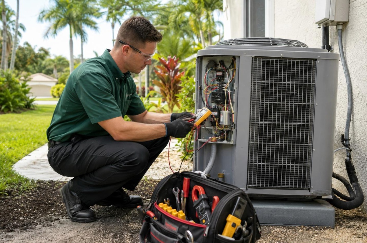 Forest Air technician performing a seasonal AC tune-up on an outdoor unit in Pinellas County, FL