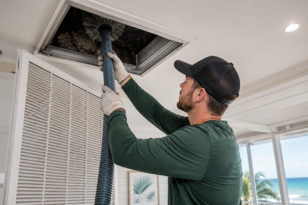 Forest Air technician vacuuming a ceiling return vent during air duct cleaning in St. Petersburg, FL