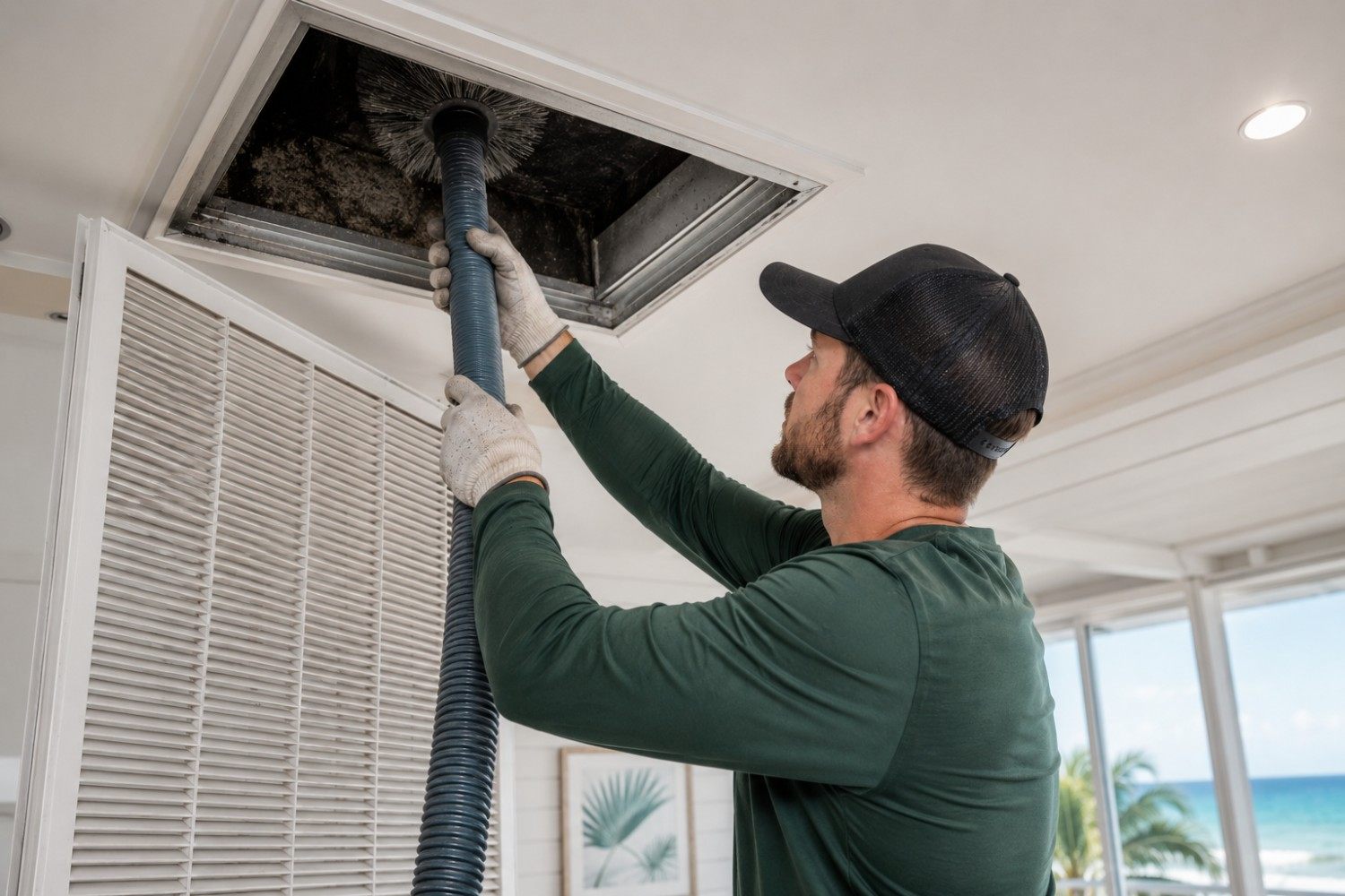 Forest Air technician vacuuming a ceiling return vent during air duct cleaning in St. Petersburg, FL