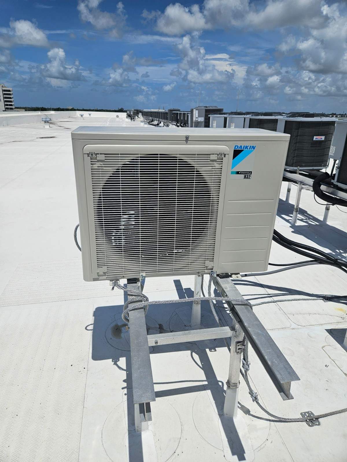 Ductless mini-split condenser installed on a commercial rooftop stand