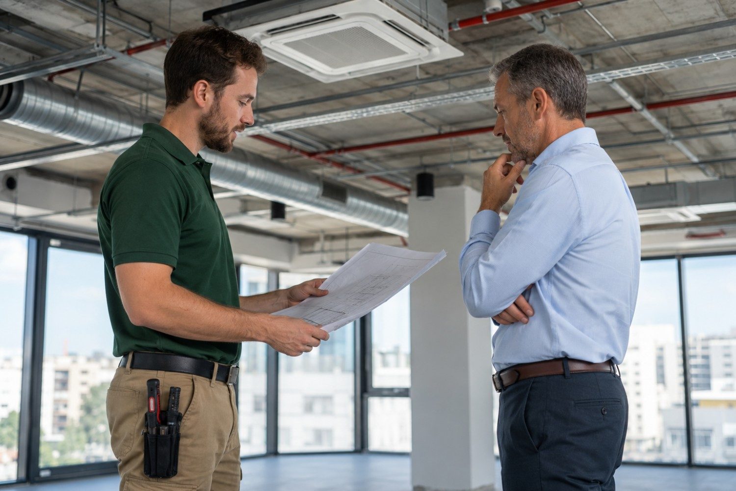 Forest Air technician reviewing HVAC installation plans with a commercial building manager