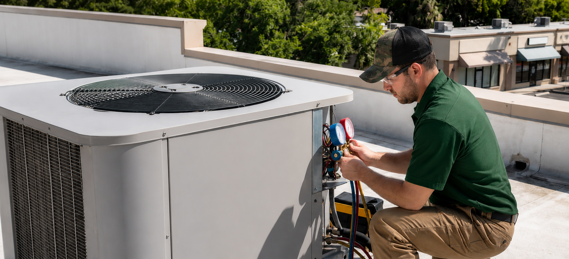 Forest Air technician servicing a commercial rooftop AC unit in Pinellas County, FL
