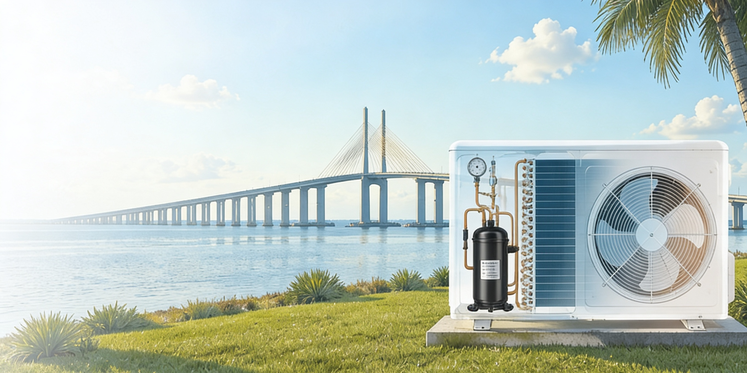 Outdoor AC unit with the Sunshine Skyway Bridge, a Pinellas County landmark, in the background
