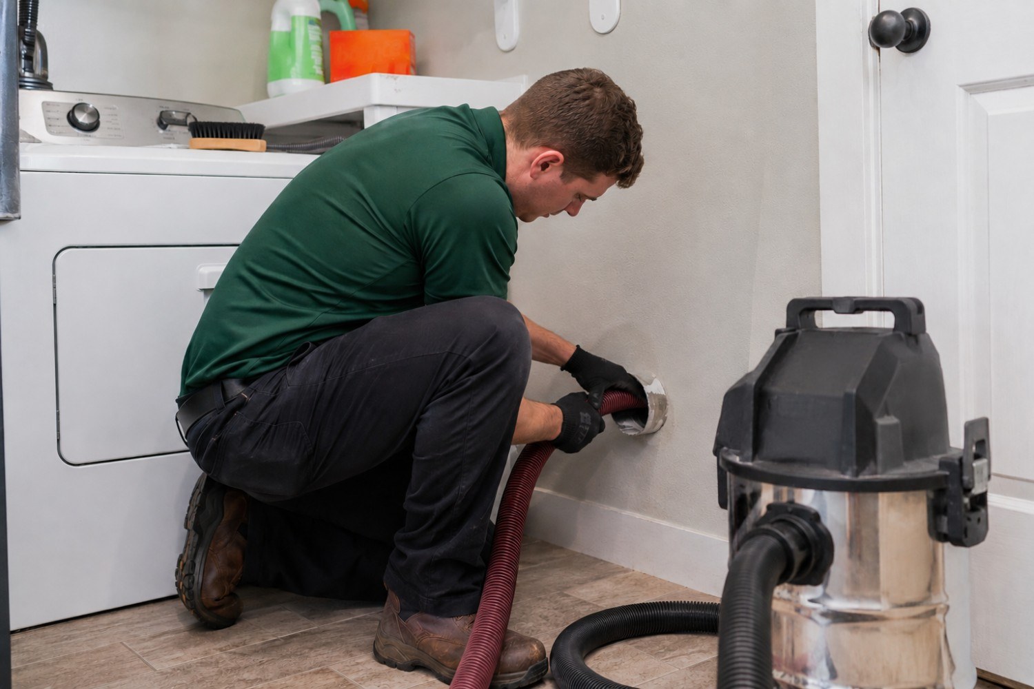 Forest Air technician cleaning a dryer vent with a vacuum in a Pinellas County, FL laundry room