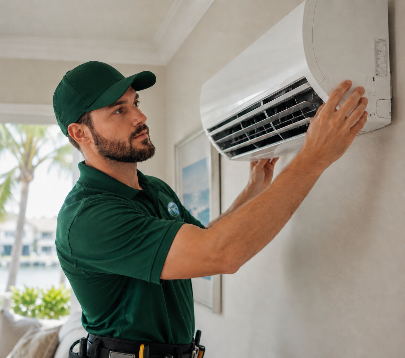 Forest Air technician adjusting a wall-mounted ductless mini-split