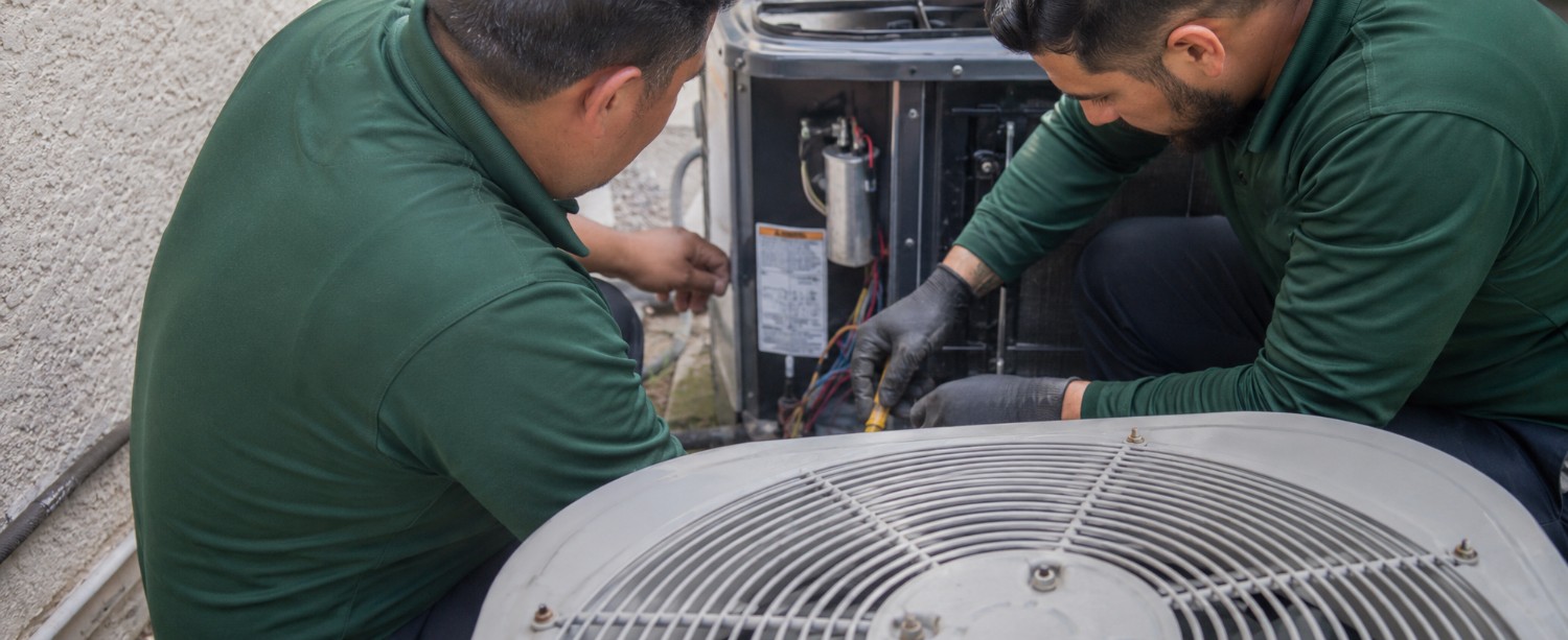 Two Forest Air technicians working on an outdoor AC unit during an emergency AC repair
