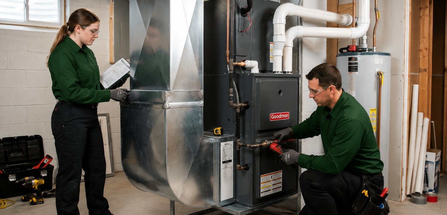 Two technicians installing and testing a new furnace