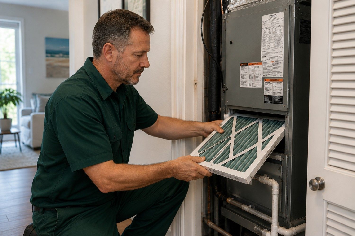 Forest Air technician replacing the air filter in a home's air handler in Pinellas County, FL