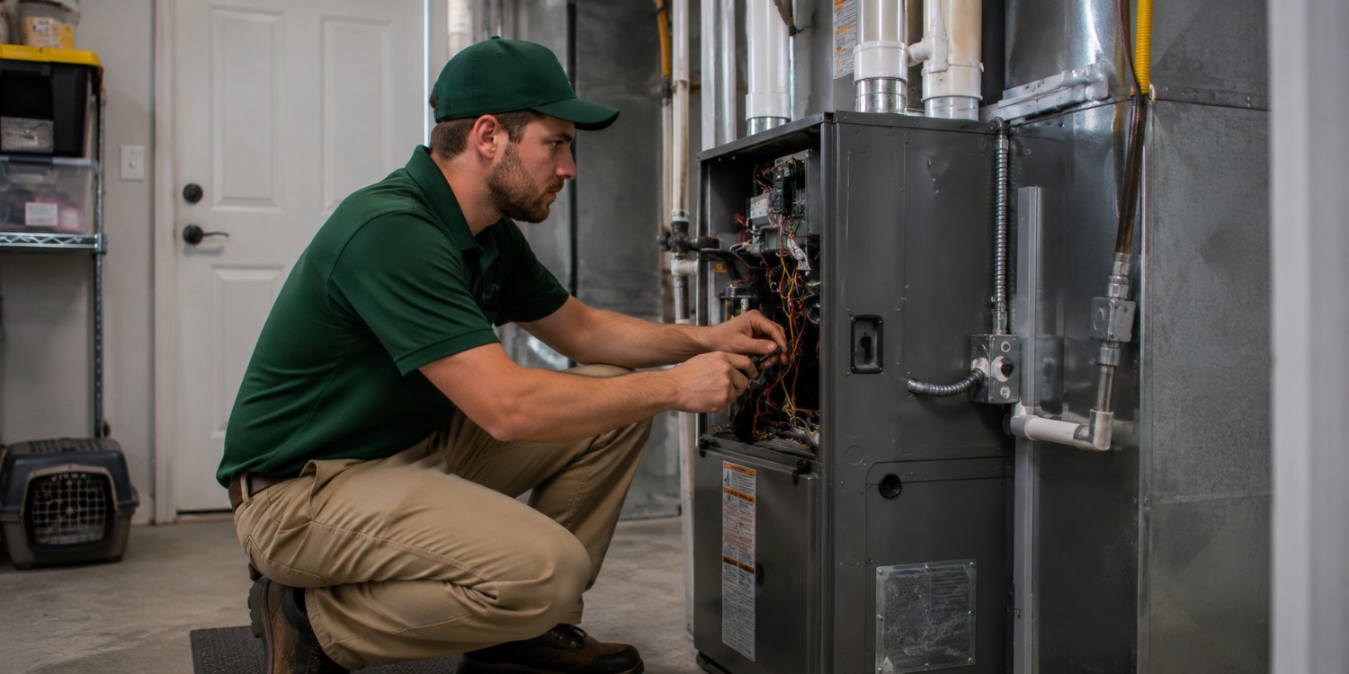 Forest Air technician testing the electrical panel of an indoor HVAC unit in St. Petersburg, FL