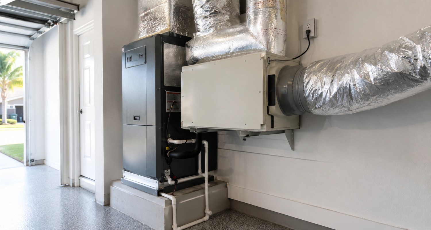 Whole-home dehumidifier connected to ductwork beside an indoor air handler