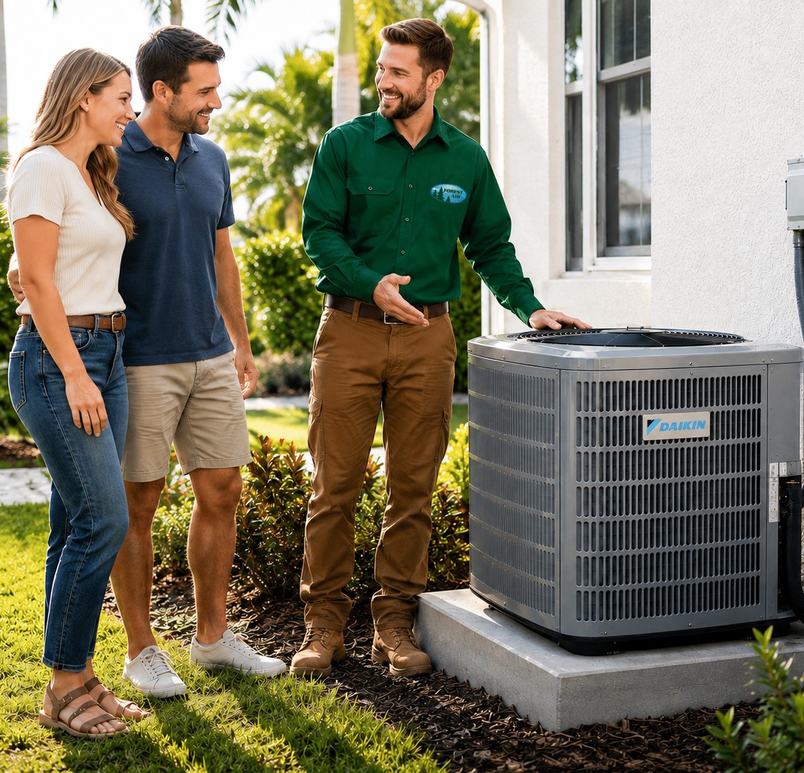 Forest Air technician talking with homeowners beside their new AC condenser in St. Petersburg, FL