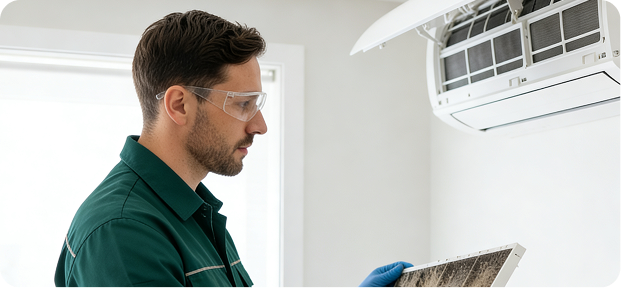 Forest Air technician inspecting a wall-mounted ductless mini-split in a St. Petersburg, FL home