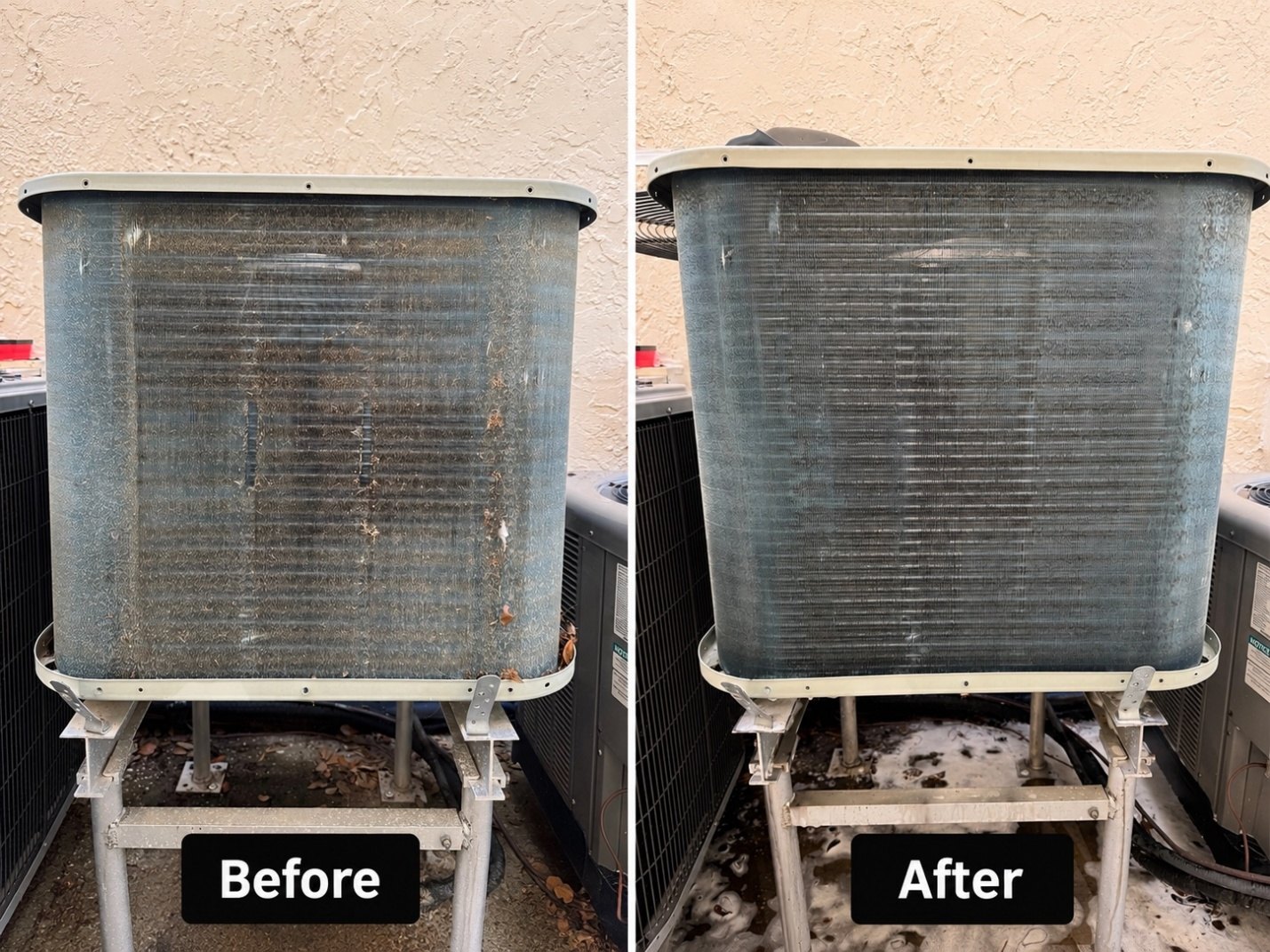 Outdoor AC condenser coil before and after cleaning during AC maintenance in Pinellas Park, FL