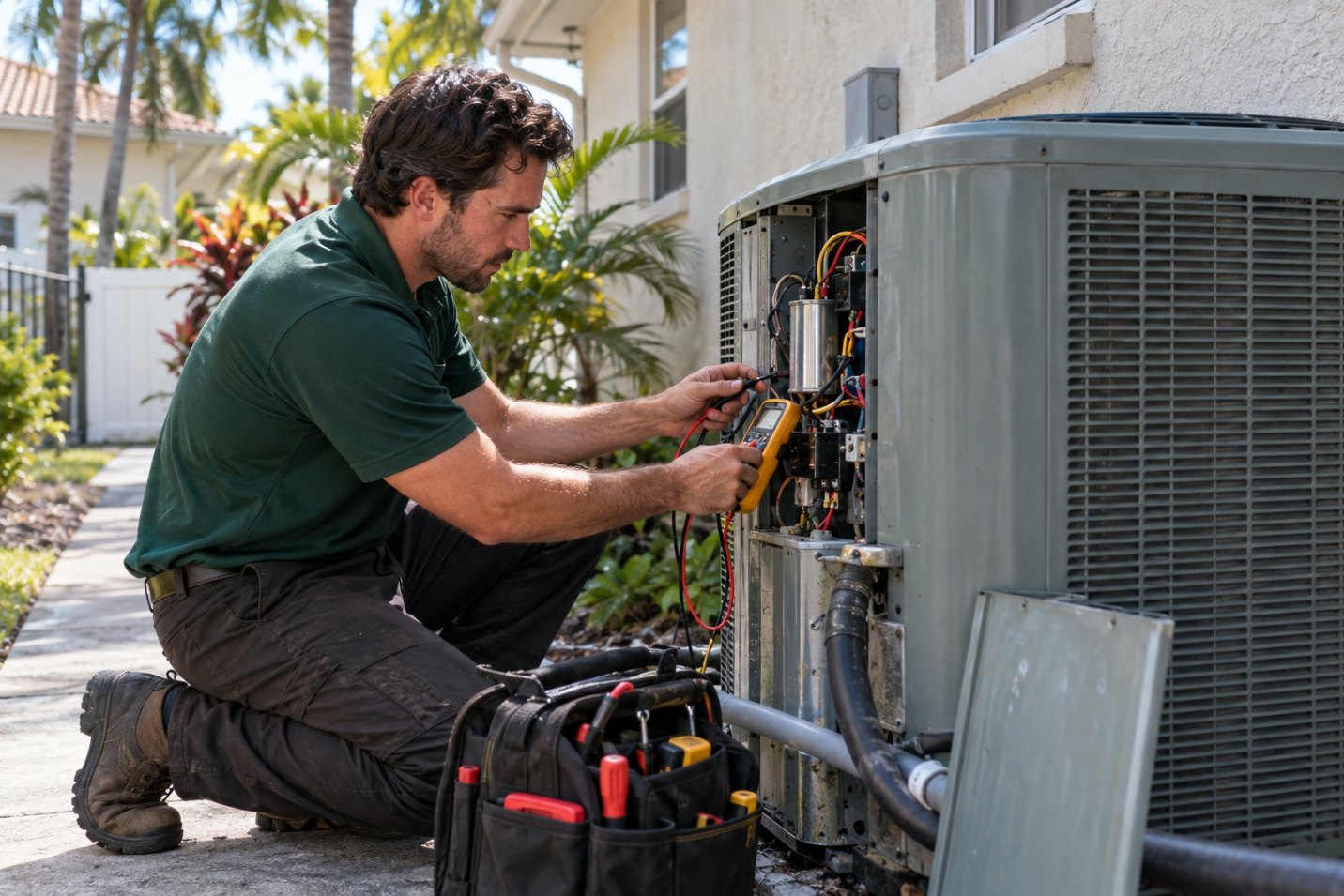 Forest Air technician testing the electrical components of an outdoor AC unit during an AC repair in Clearwater, FL