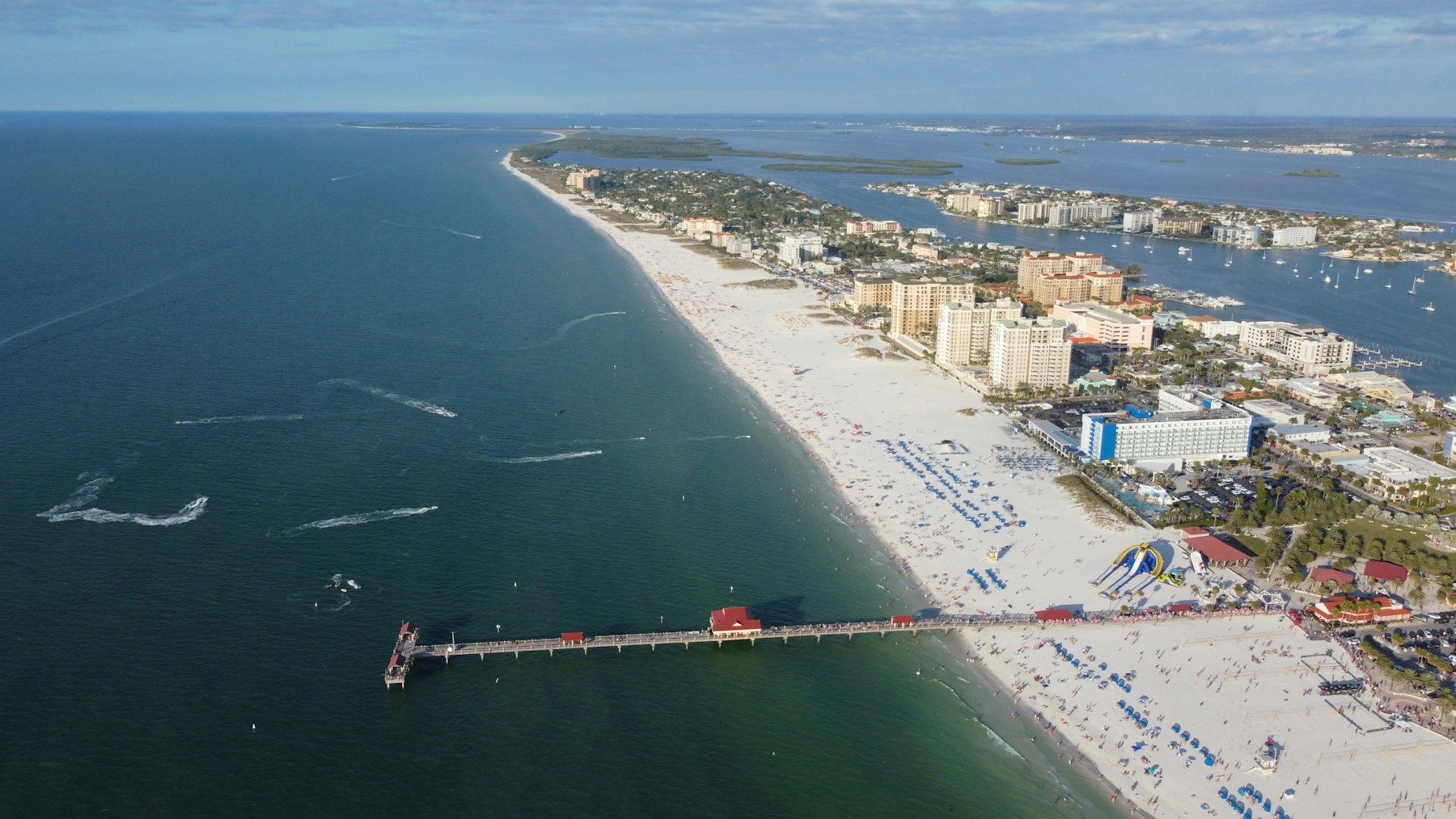Aerial view of Clearwater Beach and Pier 60 in Clearwater, FL