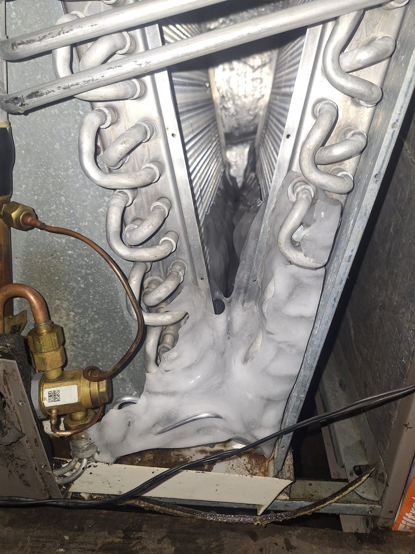 Frozen evaporator coil inside an indoor air handler, a common cause of an AC leaking water, in Largo, FL