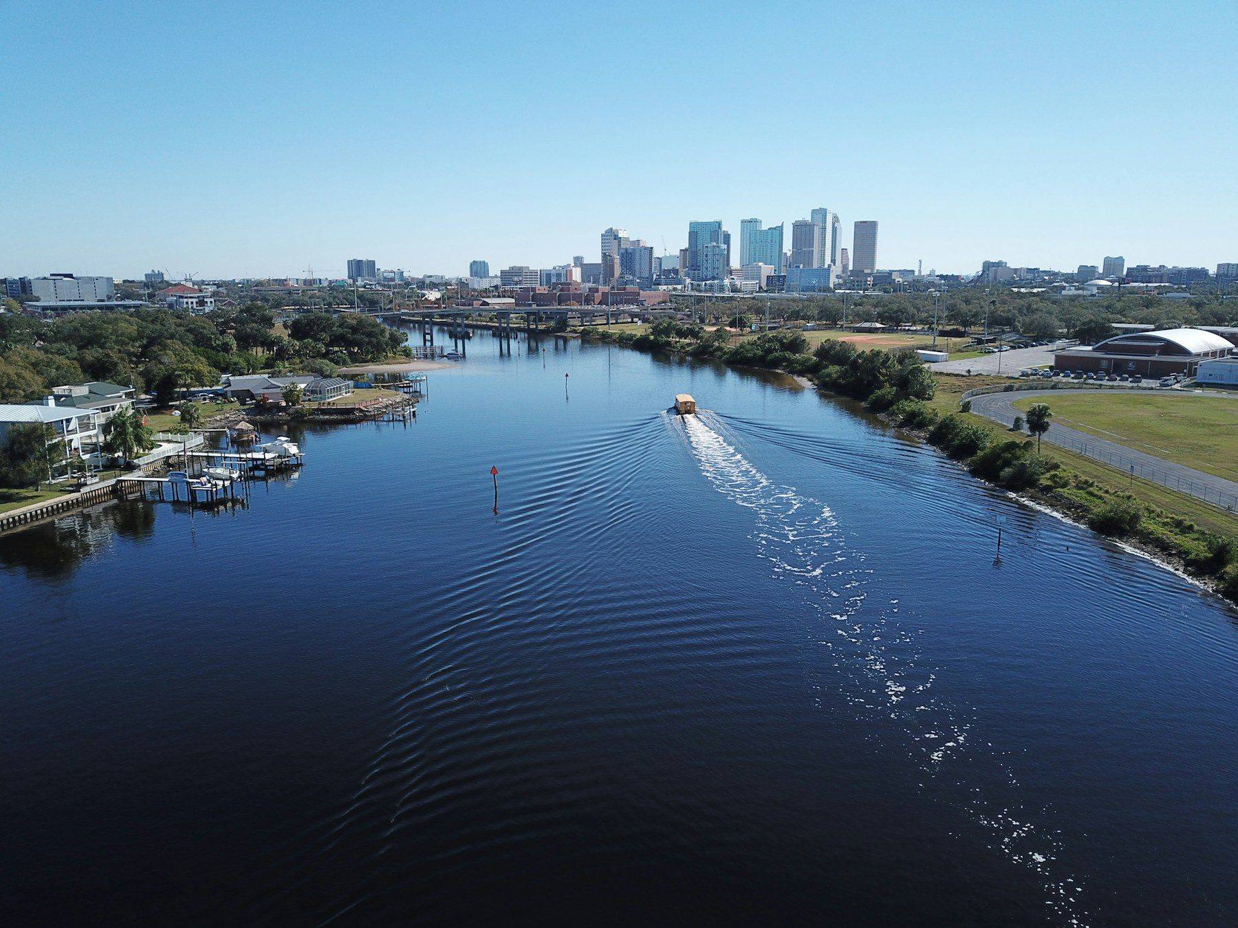 Hillsborough River and downtown Tampa skyline in Hillsborough County, FL