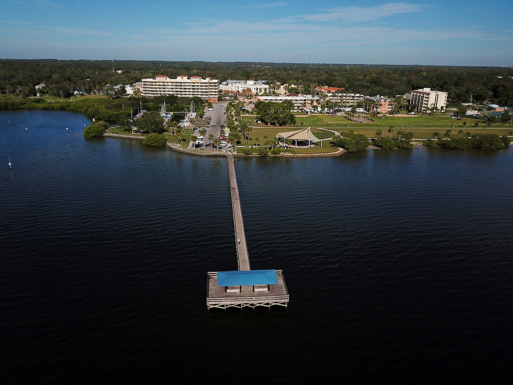 Aerial view of the Safety Harbor pier and waterfront in Safety Harbor, FL