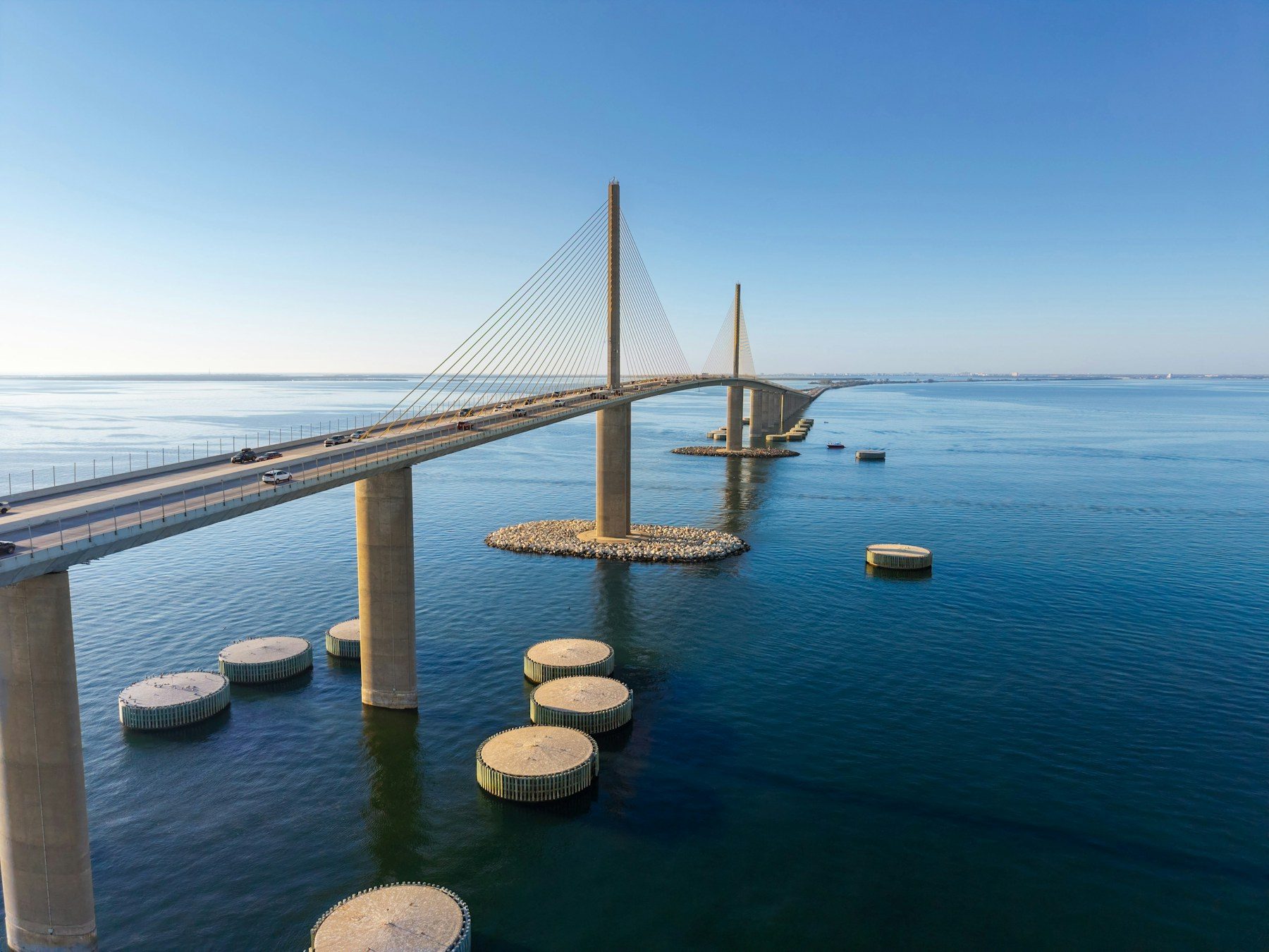 Aerial view of the Sunshine Skyway Bridge over Tampa Bay, FL